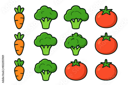 Colorful illustrations of fresh vegetables arranged in a neat grid pattern showing carrots, broccoli, and tomatoes