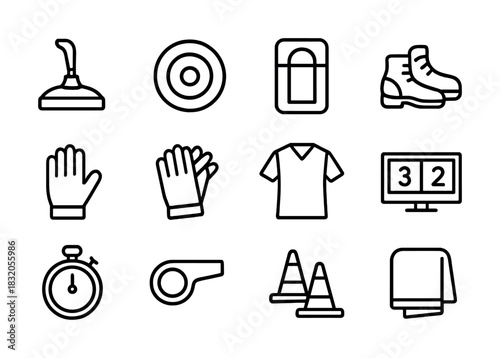 Collection of sport equipment icons including whistle, stopwatch, gloves, and shoes