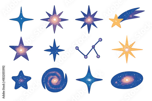Colorful collection of star and galaxy shapes on a white background for creative projects and designs