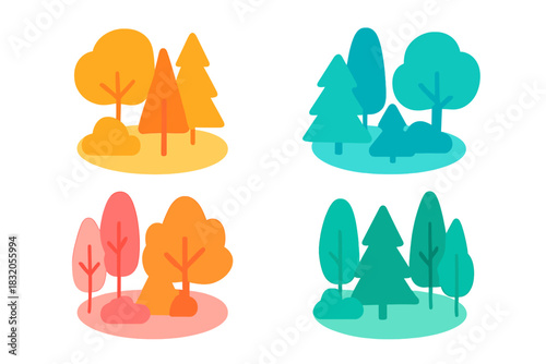 Colorful cartoon trees and forest landscapes created in a bright and cheerful style