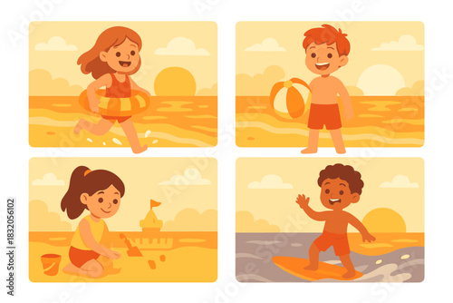 Children enjoy fun beach activities at sunset, including swimming, building sandcastles, and surfing