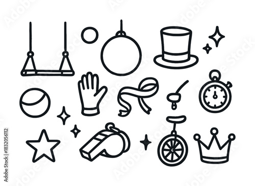 Circus elements collection: swing, top hat, ball, stopwatch, and more icons