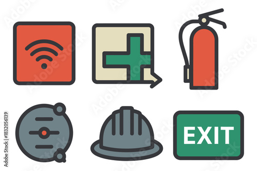 Emergency preparedness icons. linear emergency preparedness icon fire alarm panel, escape route map, extinguisher, featuring clean line illustrations, essential safety tools, emergency planning visual