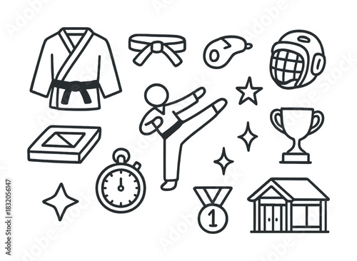Martial arts icons: karate gear, kicking pose, trophy, medal, stopwatch