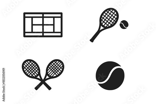 Tennis court, rackets, and balls showcase elements of this popular sport played worldwide