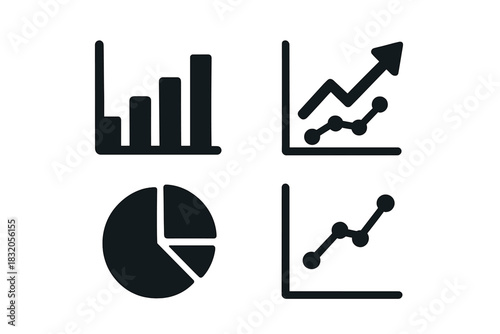 Different types of charts illustrating data trends and analysis in a simple black and white design for presentations or reports