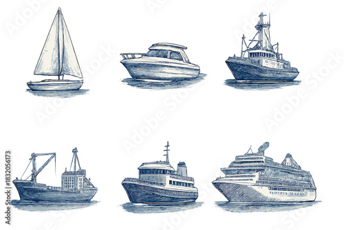 Different types of boats and ships, showcasing variety in design and purpose on calm water