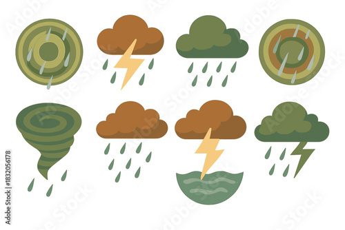 Weather icons showing different weather conditions like rain, storms, and tornadoes in a colorful and simple style