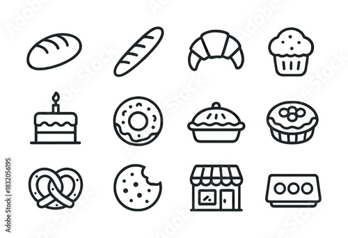 Assorted bakery icons: bread, pastry, cake, donut, cookie, store, eggs