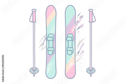 Colorful snowboards and skis set up for a fun day on the slopes in winter