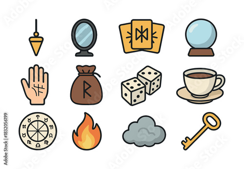 Mystical symbols collection: tarot, runes, pendulum, crystal ball, and more
