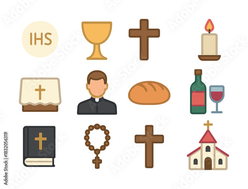 Religious symbols and objects with priest cartoon illustration