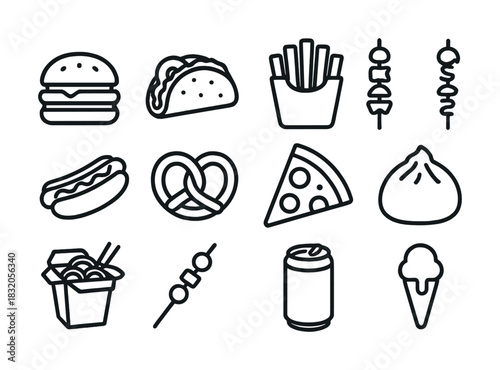 Vector line art of fast food items: burger, taco, fries, pizza, and more snacks