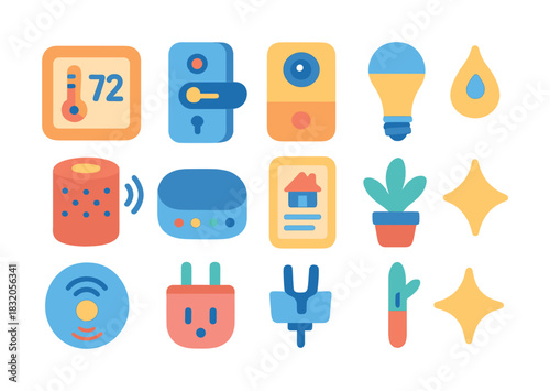 Set of colorful smart home icons including thermostat, lock, light bulb, speaker, and more