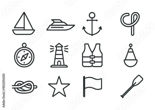 Nautical icons set: boat, anchor, lighthouse, compass, life vest