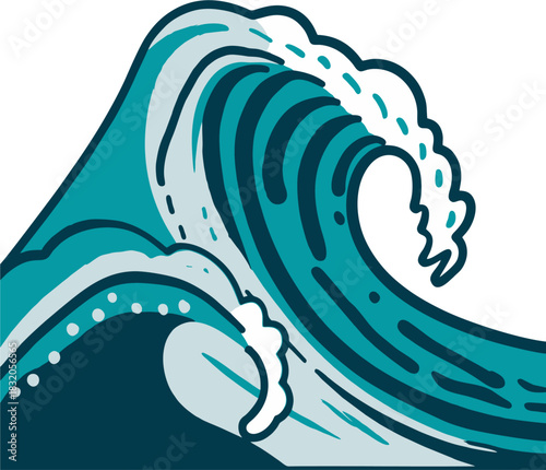 A powerful blue ocean wave cresting with sea foam, depicted in a stylized graphic vector illustration