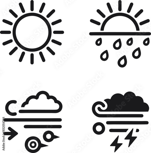 A set of four black and white weather forecast icons representing sun, rain, wind, and storm