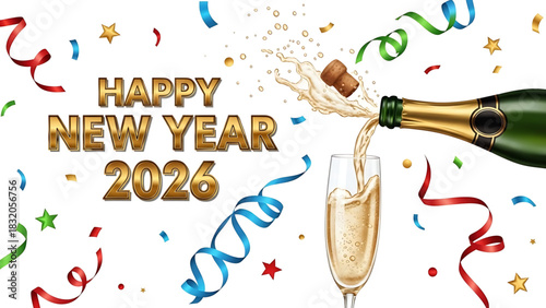 Cheerful Happy New Year 2026 with exploding champagne bottle illustration.