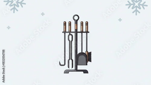 Cozy winter fireplace tool set illustration, vector graphic of hearth accessories, poker, shovel, tongs, brush for home comfort.