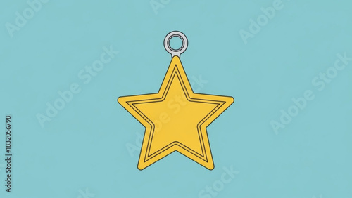 Bright yellow star-shaped medallion with a silver hanging ring, representing an award, prize, success, achievement, or top quality symbol