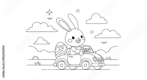 A fun Easter-themed coloring page for children, showing a happy bunny driving a convertible car with a large decorated egg in the back.
