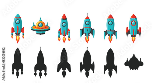 An educational find the correct shadow matching game for kids featuring various cartoon rockets, spaceships, and a flying saucer.