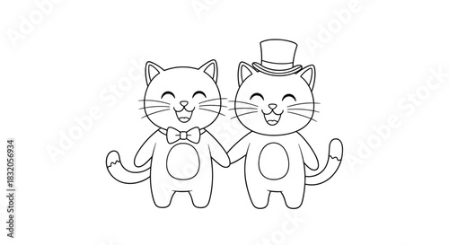 A charming coloring page for kids depicting a wedding scene with two happy cats, a groom with a top hat and a bride with a bow tie.