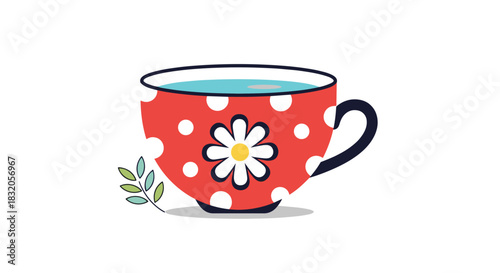 A charming illustration of a red teacup with white polka dots and a daisy flower decoration, isolated on a white background.
