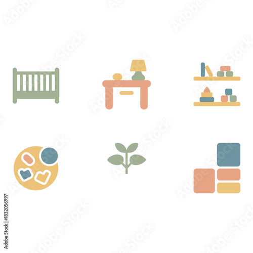 Collection of flat design icons representing home decor and furniture