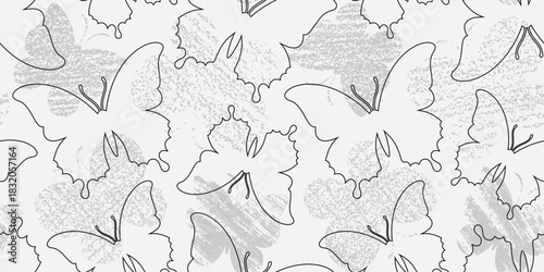 Black outline butterflies on a light gray background with grunge butterfly silhouettes. Endless texture with abstract cute insect. Vector seamless pattern for wrapping paper, giftwrap, surface texture