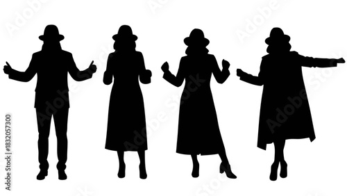 Silhouette Styles: Four chic silhouettes, each embodying a unique pose, showcasing fashion-forward styles against a muted backdrop.