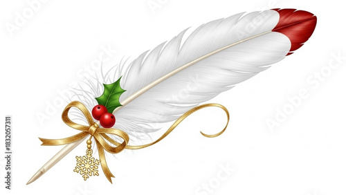 Festive christmas quill pen featuring elegant golden ribbon, holly, berries, and snowflake charm for holiday messages and traditional greetings