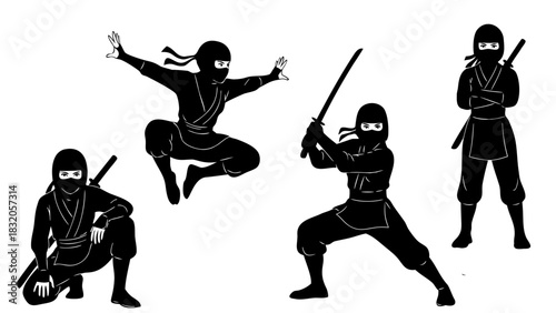 Silent Shadows: Dynamic silhouettes of solitary ninja warriors are poised with their weapons, showcasing stealth, agility, and the mystique of the ancient martial art.