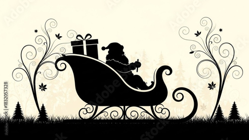 Silhouette of santa claus riding a sleigh with a gift box, set against a decorative, stylized winter landscape border