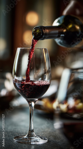 Servir uma taça de vinho, despejando a bebida com cuidado na mesa de um restaurante.