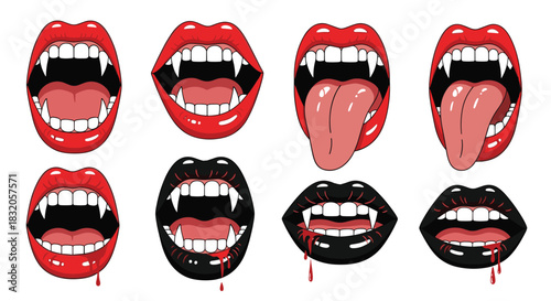 A collection of expressive cartoon vampire mouths with sharp fangs, showing different emotions, with some featuring blood and black lipstick.