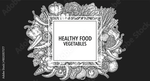 A beautiful black and white hand-drawn vintage frame featuring a variety of healthy vegetables, with a blank square space for text.