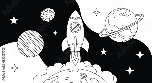 Black and white space scene coloring page for kids with a rocket launching into a yin-yang style cosmic background.