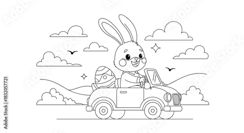 Easter bunny coloring page featuring a cute rabbit driving a convertible car with a decorated egg in the back seat.