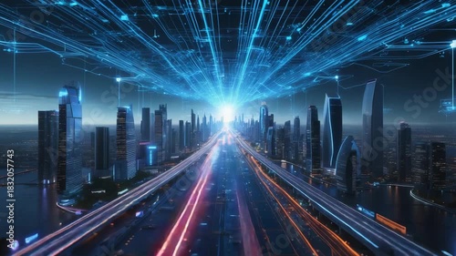 futuristic neon city skyline with dazzling lights