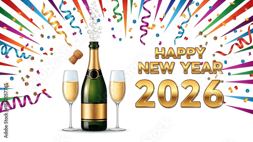 Sparkling New Year 2026 Celebration with Champagne Bottle and Glasses