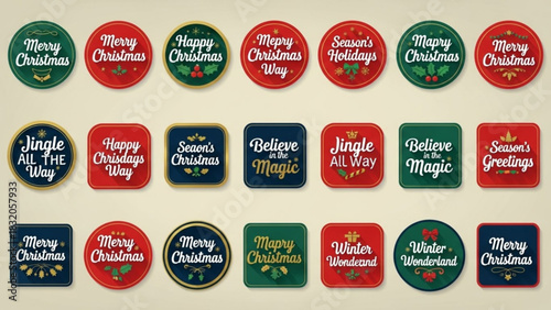 Collection of various vintage style christmas holiday badge and sticker design elements with festive greeting text in red green and blue color palette