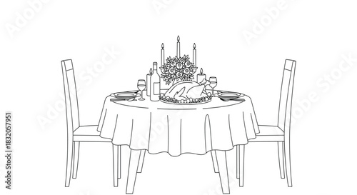 Line art coloring page of a romantic dinner table setting for two with a roasted turkey, wine, and candles.