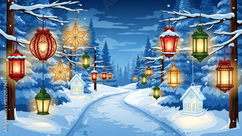 Magical winter night scene with a snowy path lined with colorful glowing lanterns and star decorations hanging from snowcovered tree branches