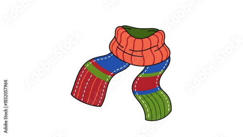 Colorful knitted winter scarf illustration with vibrant red, blue, green, and orange stripes, perfect for cold weather apparel.