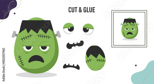 Halloween cut and glue craft activity for kids to create a Frankenstein monster head from different paper parts.