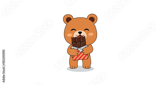 Cute pixel art style cartoon bear standing and happily eating a bar of dark chocolate isolated on a white background.