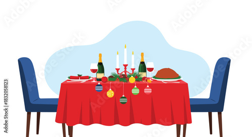 Festive Christmas or holiday dinner table set for two with a roasted turkey, wine, candles, and decorations.