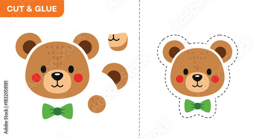 Cut and glue paper craft game for children to create the face of a cute teddy bear with a green bowtie.
