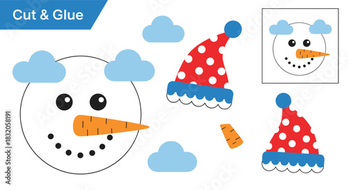 Winter-themed cut and glue activity for preschool children to create a snowman face with a hat and carrot nose.